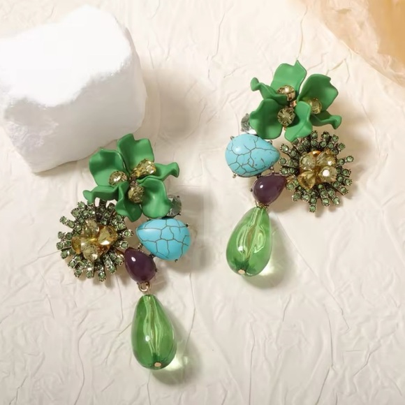 Green Floral Drop Earrings with Crystals and Stones” - Picture 1 of 8